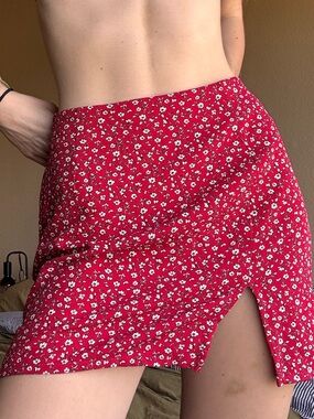 Red Floral Mini Skirt with Front Slit